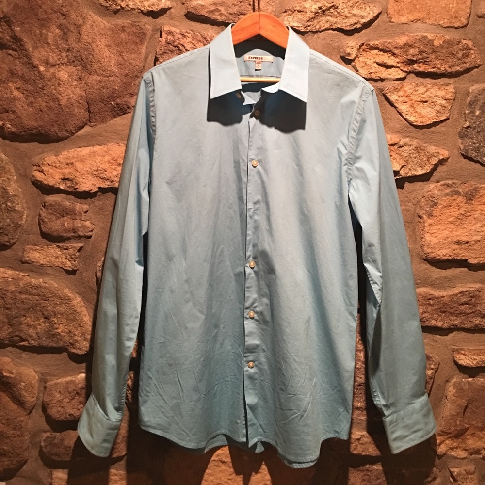 Express Light Blue Fitted Long Sleeve Dress Shirt
