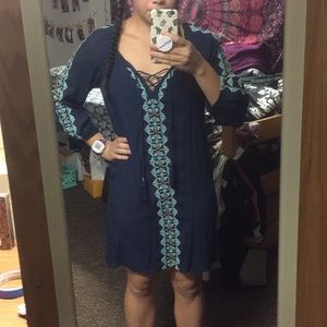 Navy Blue Aztec Print Lace Up Dress