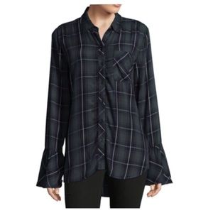NWT Green Navy Plaid Tartan Bell Sleeve Blouse S