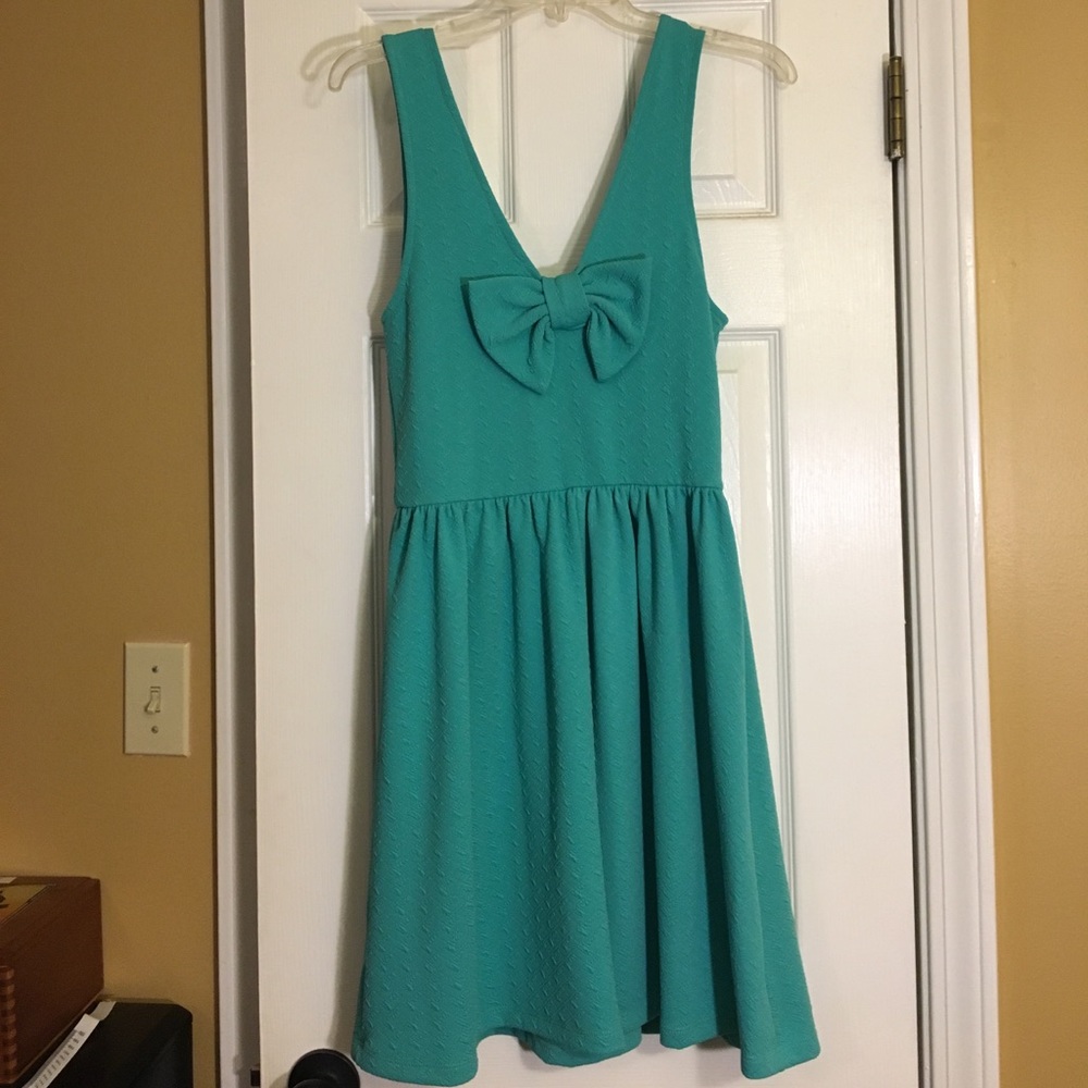 Everly teal dress with bow back detail