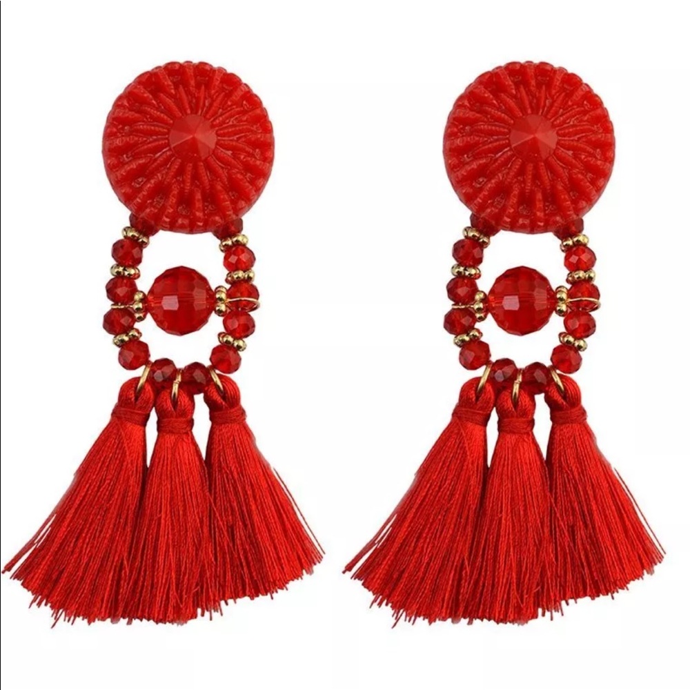 Red tassel fringe earrings