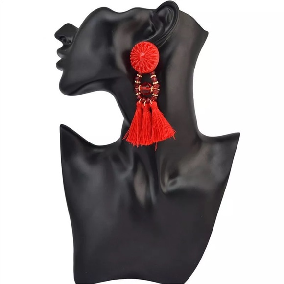 Red tassel fringe earrings - Picture 2 of 3