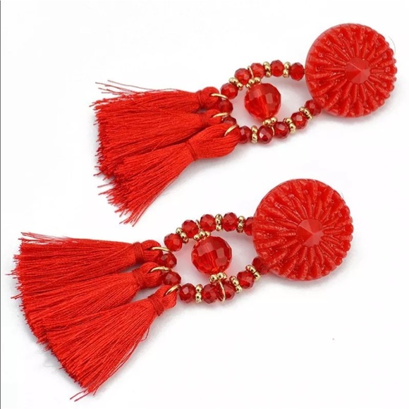 Red tassel fringe earrings - Picture 3 of 3