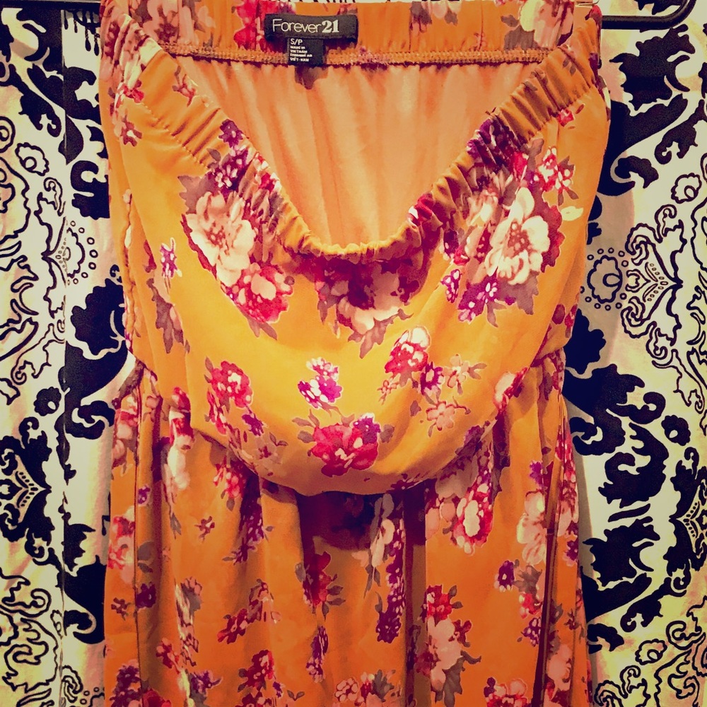 Strapless hi-low split front floral print dress