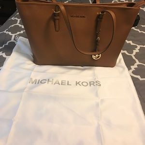 cognac or tan and gold MK tote with dust bag