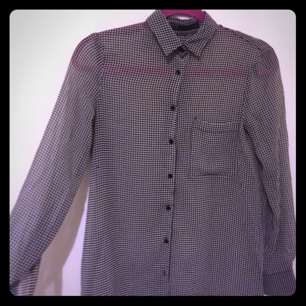 Zara houndstooth see through button down shirt