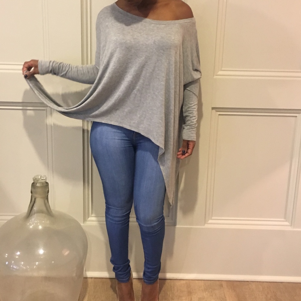 Oversized grey off the shoulder long sleeve shirt