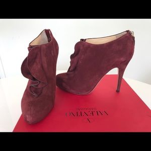 VALENTINO Maroon Ruffled Suede Booties