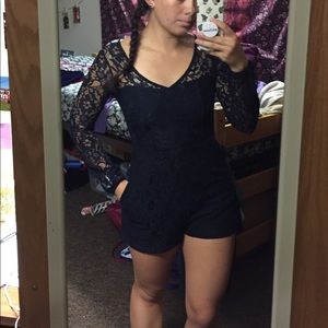 Navy Blue Lace Long Sleeve Romper