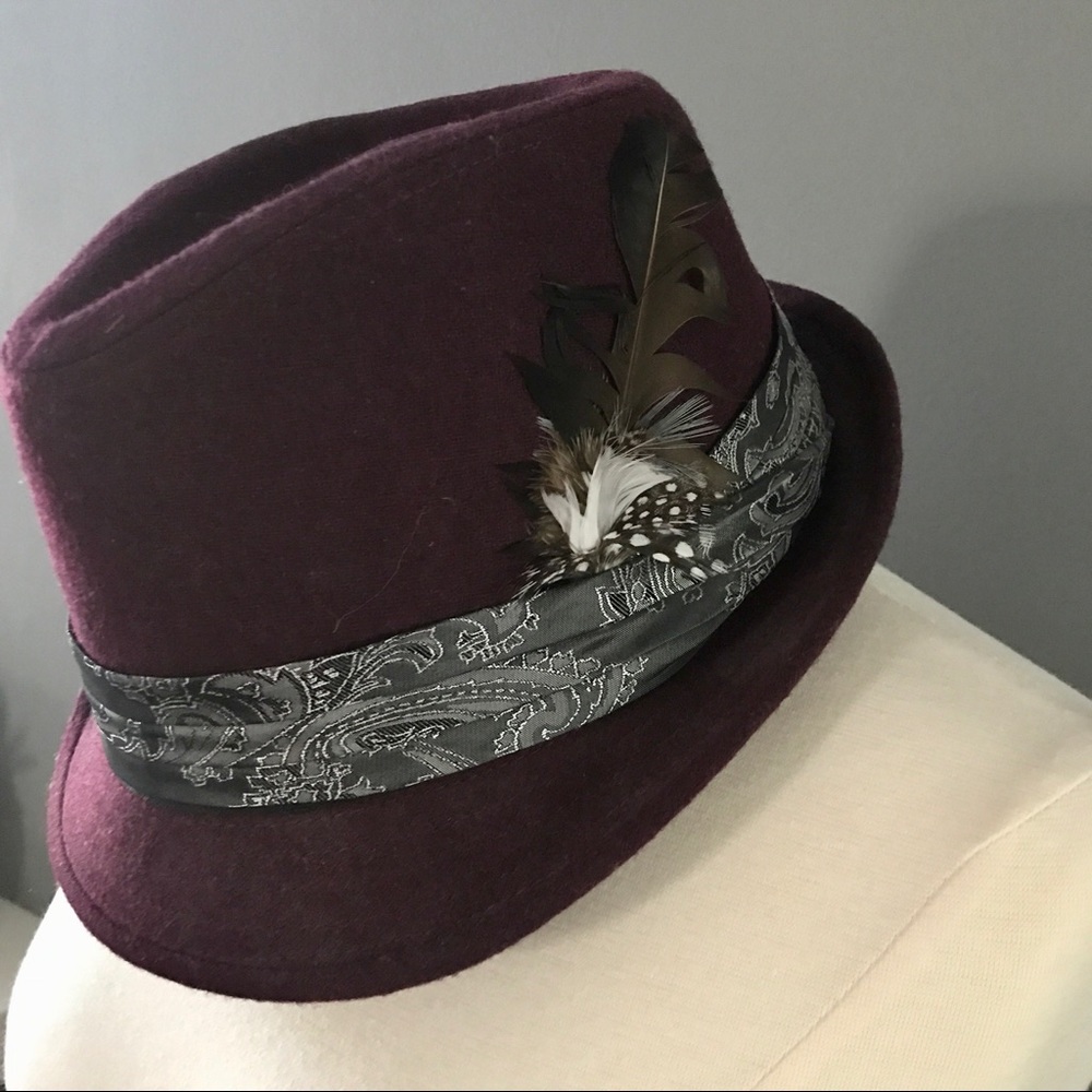 Dark Maroon Fedora Hat with Ribbon and Feather
