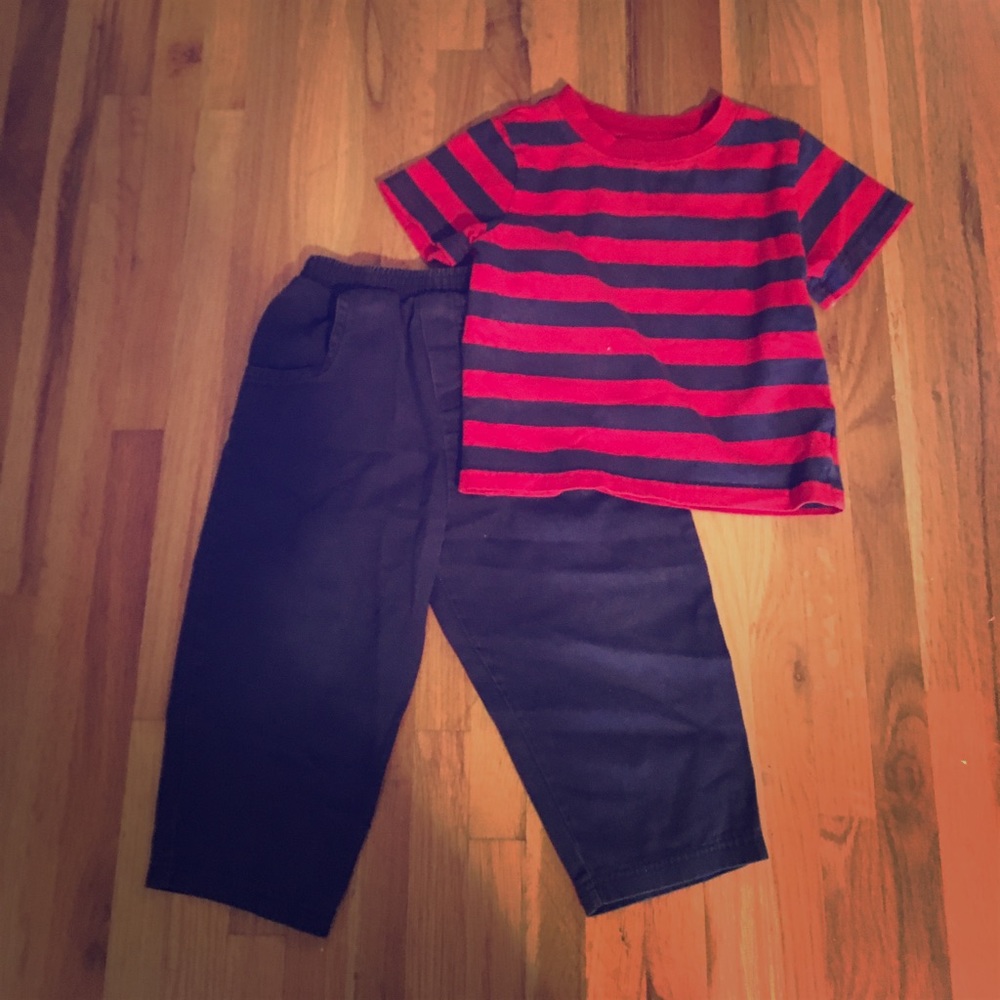 red and blue striped top and nice navy pants