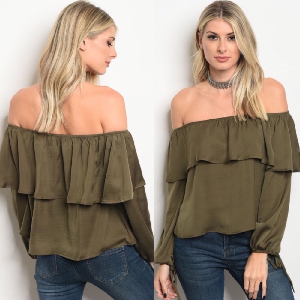 Olive Green Ruffle Off Shoulder Top
