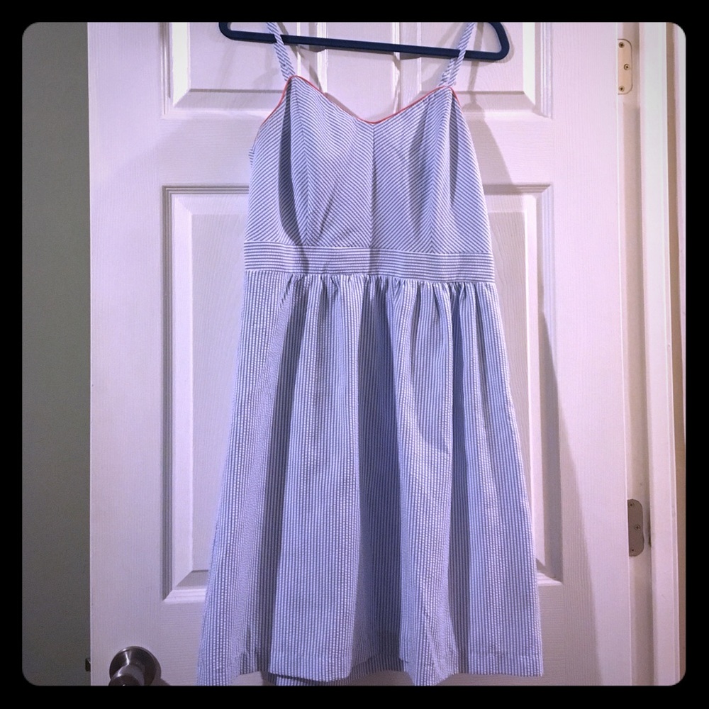 Seersucker dress with salmon trim