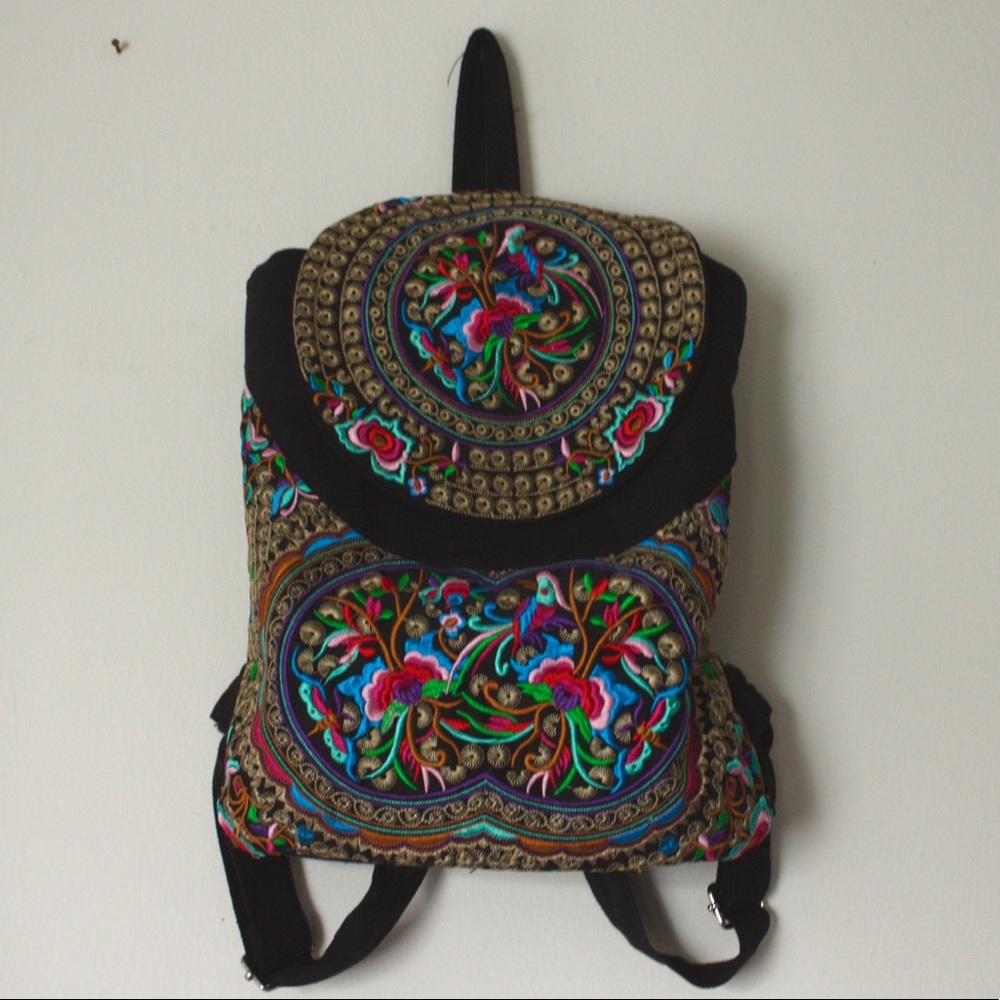 Embroidered Thai drawstring canvas backback