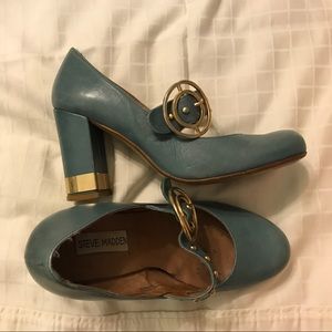 Teal Leather Block Heel Mary Janes