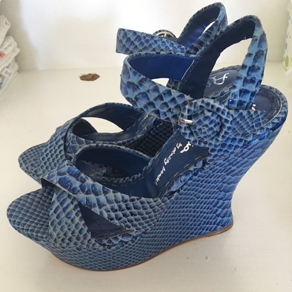 Blue Snakeskin Alice + Olivia Wedge Sandals