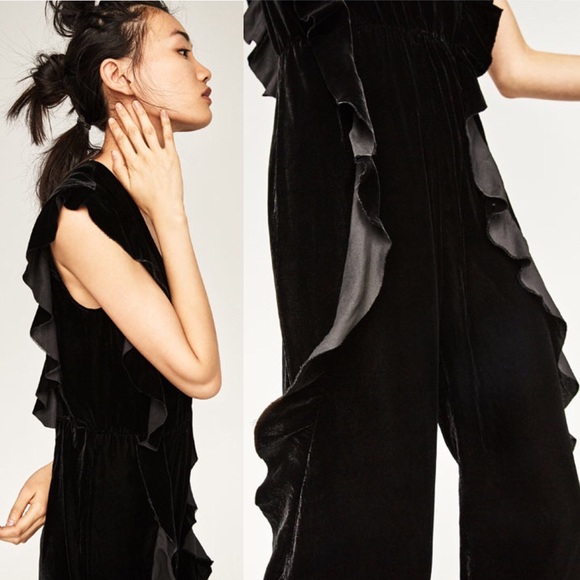 Zara Velvet Frill Pantsuit Jumpsuit - Picture 2 of 8