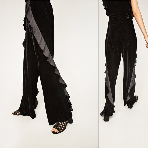Zara Velvet Frill Pantsuit Jumpsuit - Picture 3 of 8