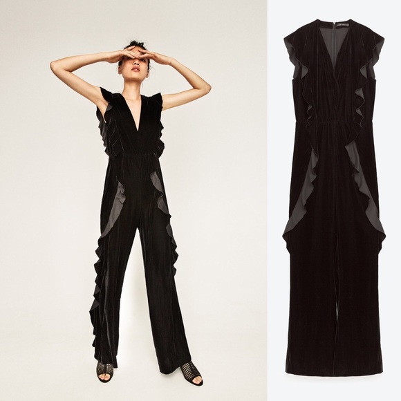 Zara Velvet Frill Pantsuit Jumpsuit - Picture 4 of 8