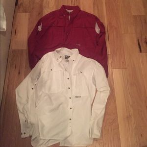 2 men's Drake fishing shirts white and maroon