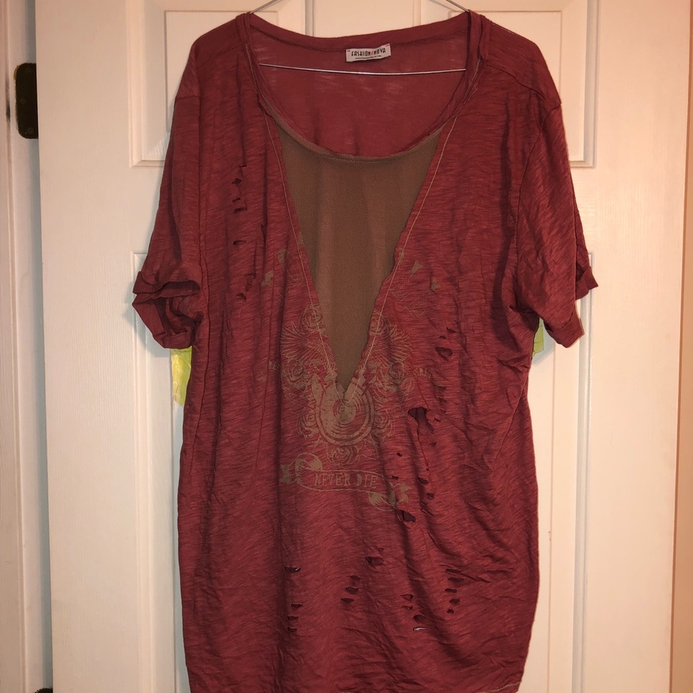 Fashion Nova ripped low cut sheer T-shirt