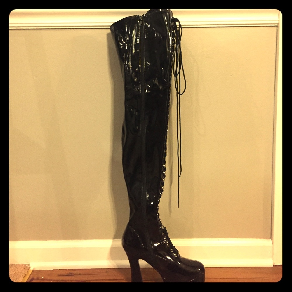 Faux latex black boots costume thigh-high
