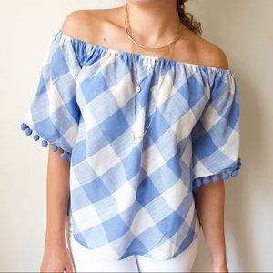 Gingham Off-the-Shoulder Pom Pom Trimmed Blouse