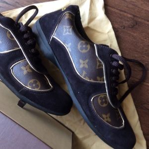 Monogram brown suede and gold sneakers