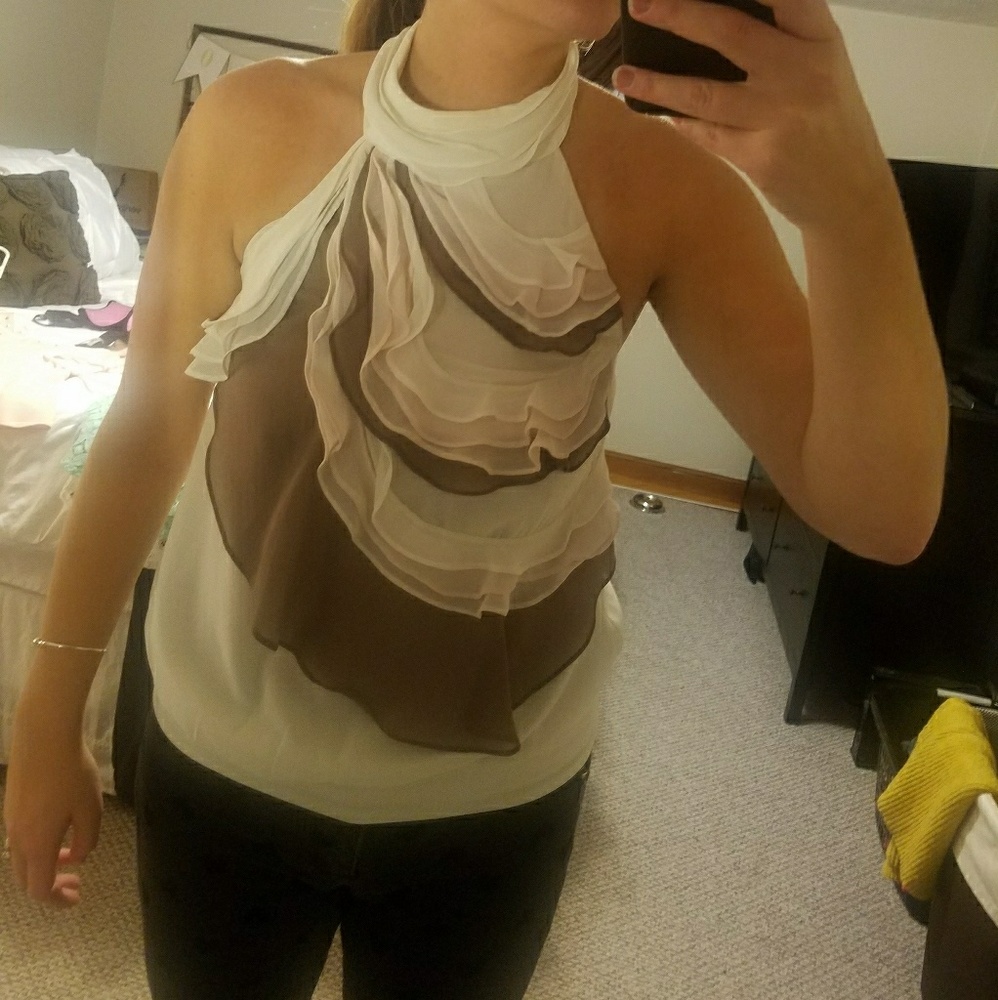 Cream base with pink & beige ruffle halter top