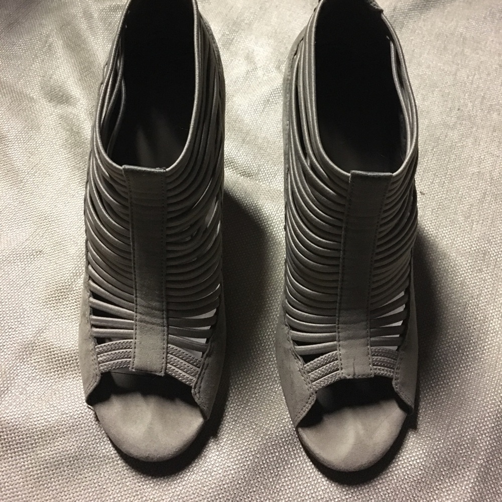 Tan open toe booties