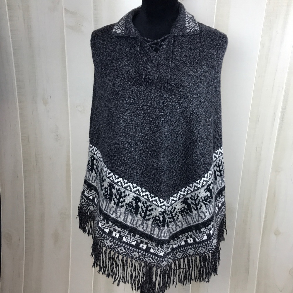 Gray Fringed Knit Cape