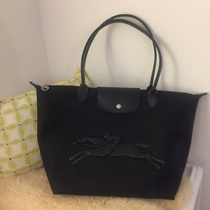 Longchamp black leather logo shopping tote