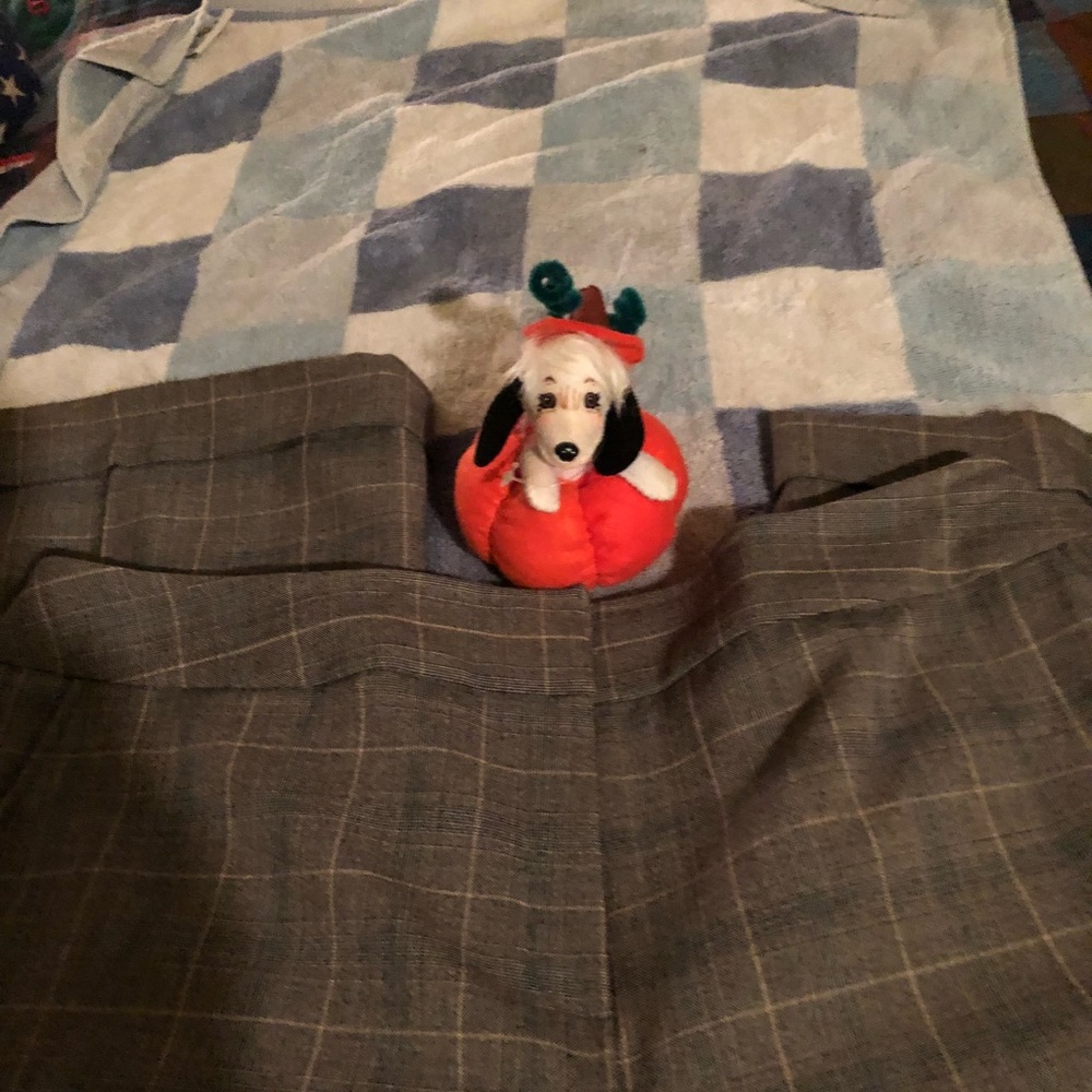 Brown/tan plaid dress pants.