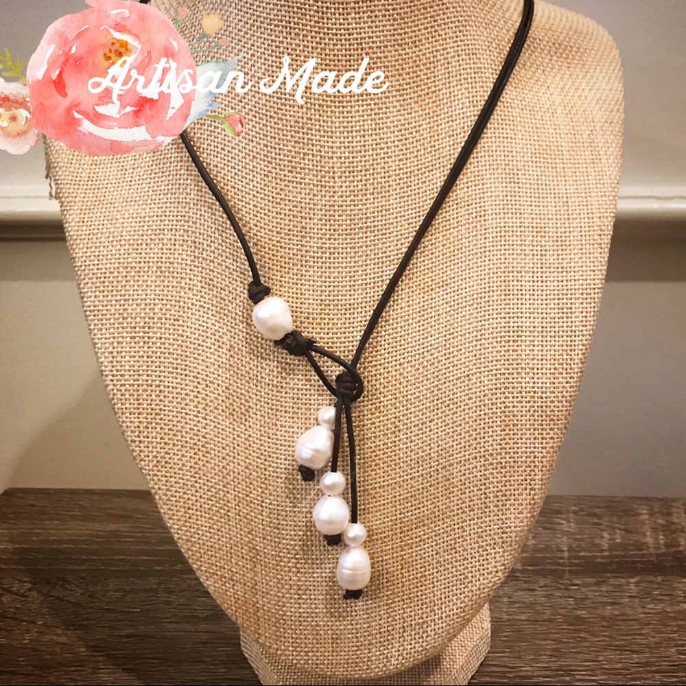 NEW Leather Freshwater Pearl Drop Necklace