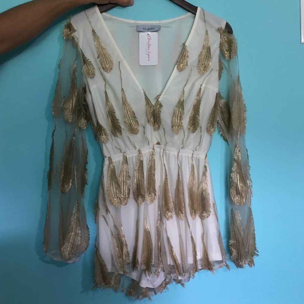 Romper with Gold Feathers and Shear Sleeves size M
