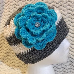 Crochet bun beanie with flower and bling