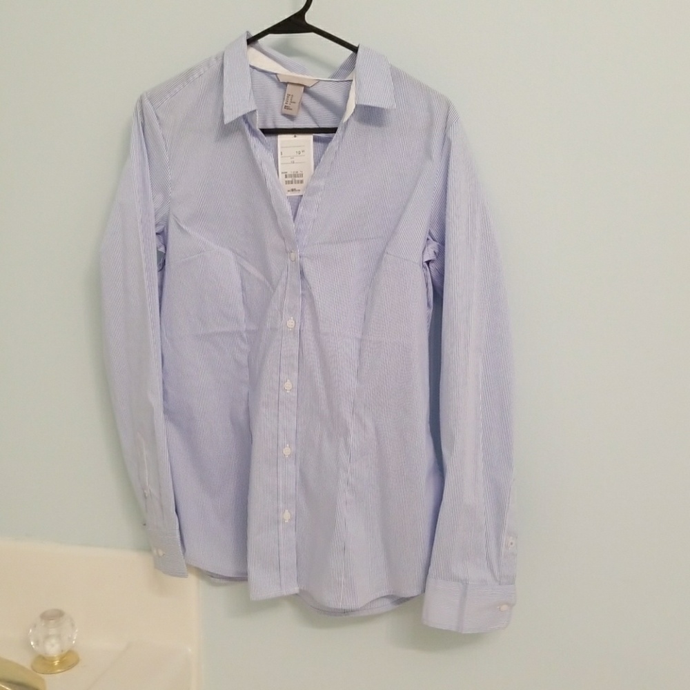 H&M blue white button up collared shirt 12 NWT