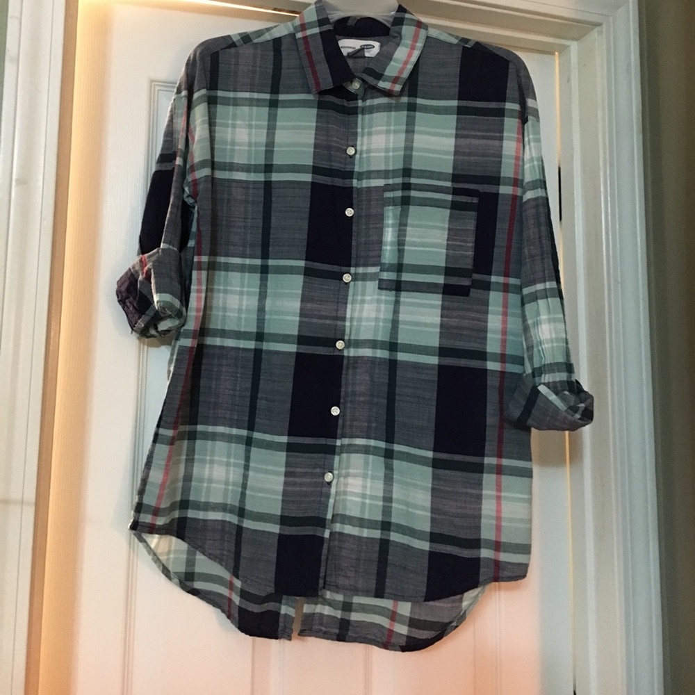 Light green & blue plaid “boyfriend “ style shirt