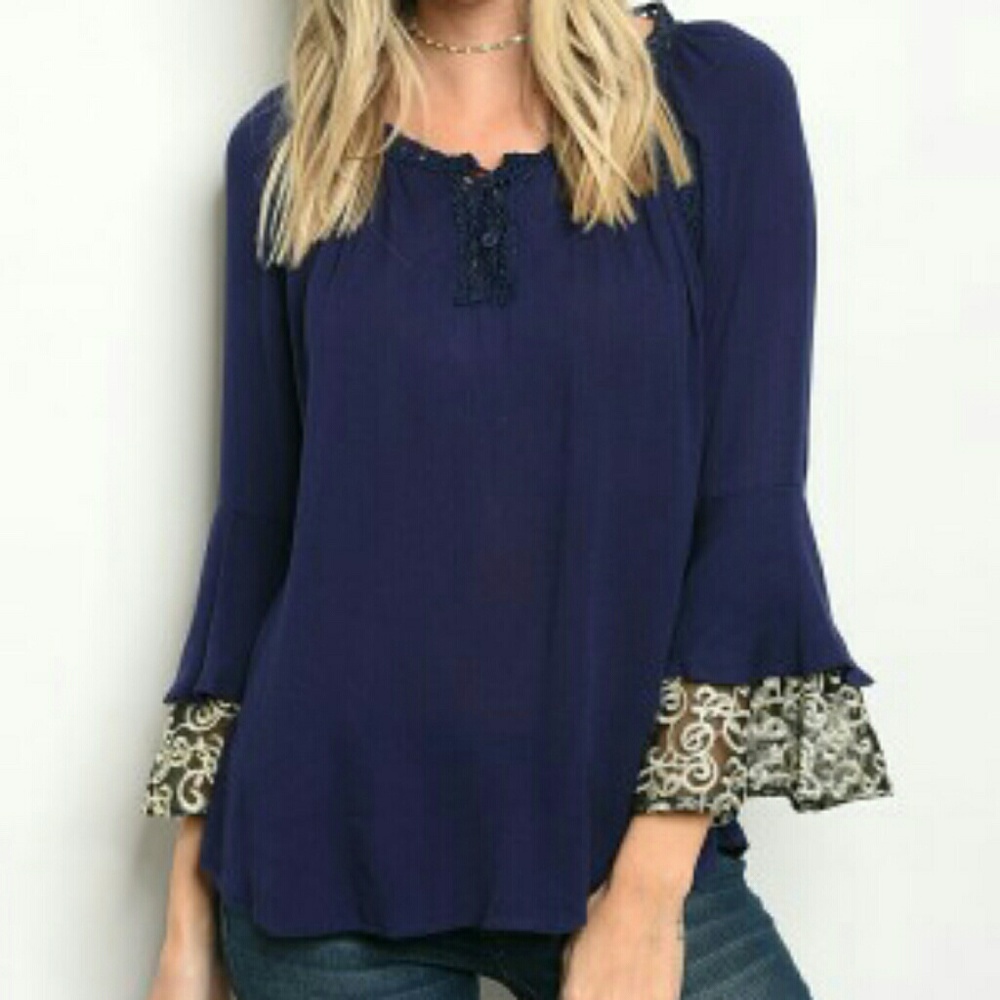 SALE!! Navy lace blouse with bell sleeves.