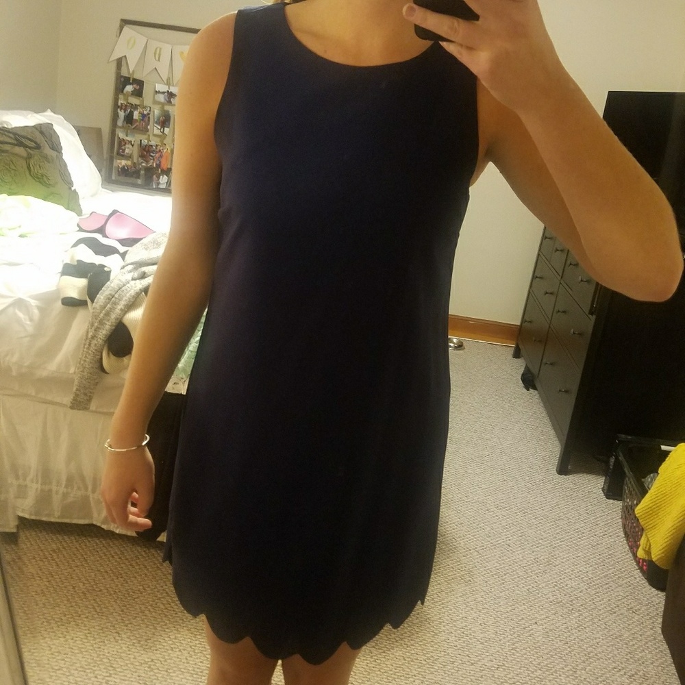 Navy cocktail dress with scalloped bottom