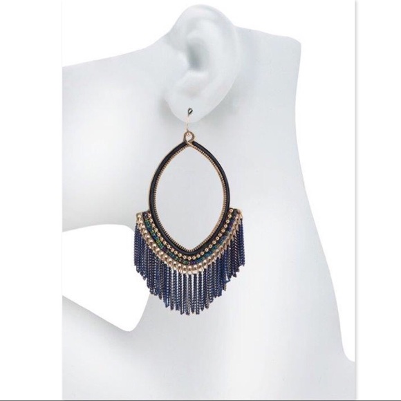 BLUE TEAR DROP METAL FRINGE EARRINGS - Picture 2 of 4