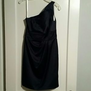 One shoulder navy satin dress