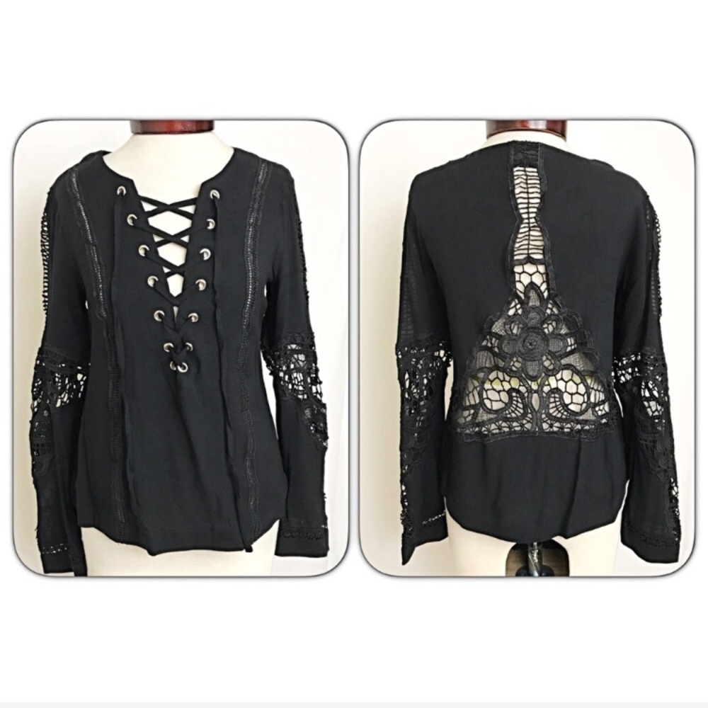 💥HOTSALE💥Lace & More Lace Up Black Blouse Top SM - Picture 3 of 8