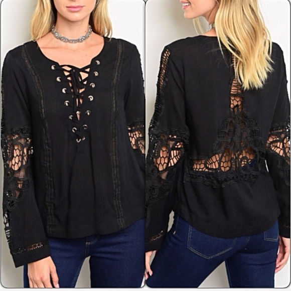 💥HOTSALE💥Lace & More Lace Up Black Blouse Top SM - Picture 2 of 8