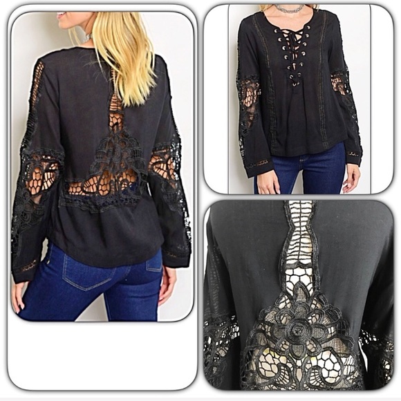 💥HOTSALE💥Lace & More Lace Up Black Blouse Top SM - Picture 4 of 8