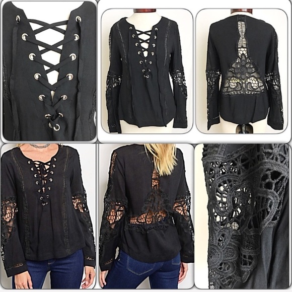 💥HOTSALE💥Lace & More Lace Up Black Blouse Top SM - Picture 7 of 8