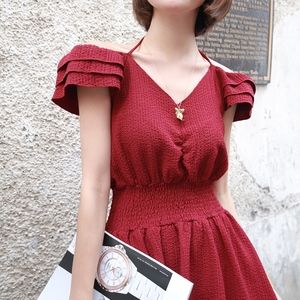 Dark red one piece off shoulder  dress
