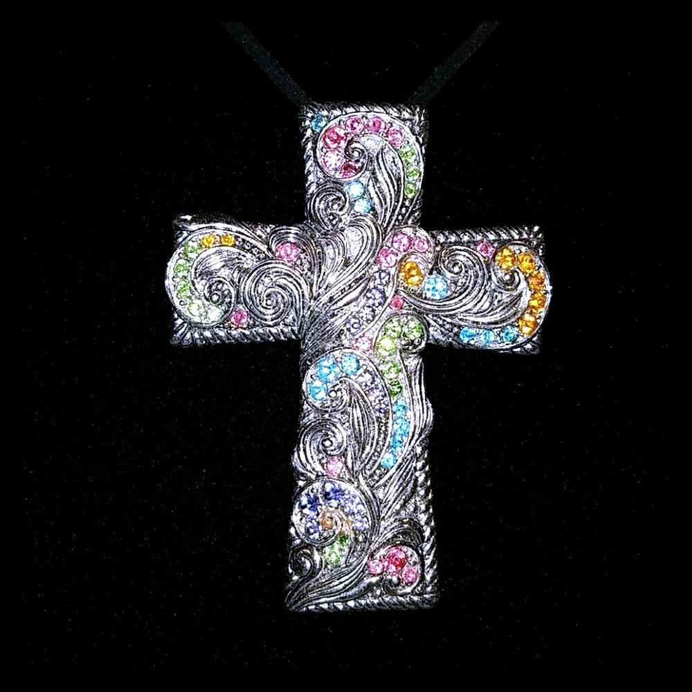 Multicolored Rhinestone Silver Cross Pendant