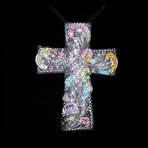 Multicolored Rhinestone Silver Cross Pendant
