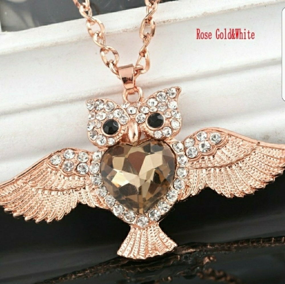 Rose Gold & White Crystal Long Owl Necklace